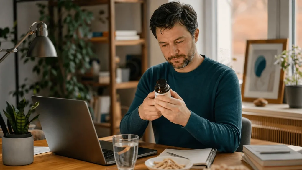 Mężczyzna czyta etykietę ciemnego opakowania suplementu przy laptopie i szklance wody