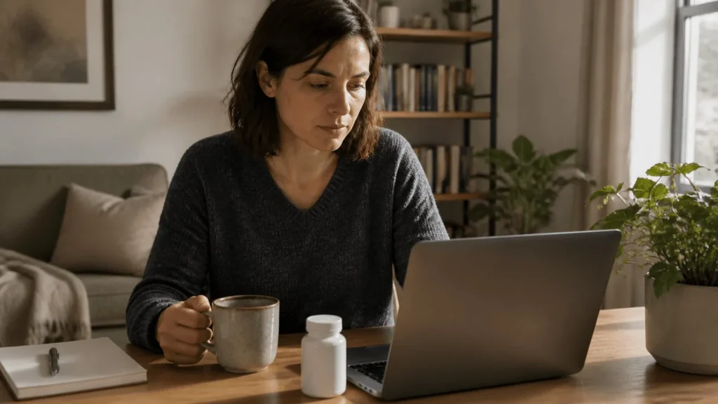 Kobieta pracuje przy laptopie obok kubka i neutralnego opakowania suplementu