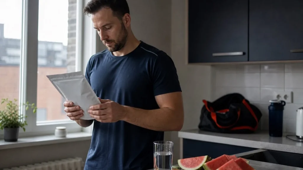 Mężczyzna czyta opakowanie suplementu obok arbuza, bidonu i torby sportowej