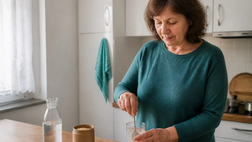 Kobieta miesza błonnik w szklance wody przy kuchennym stole