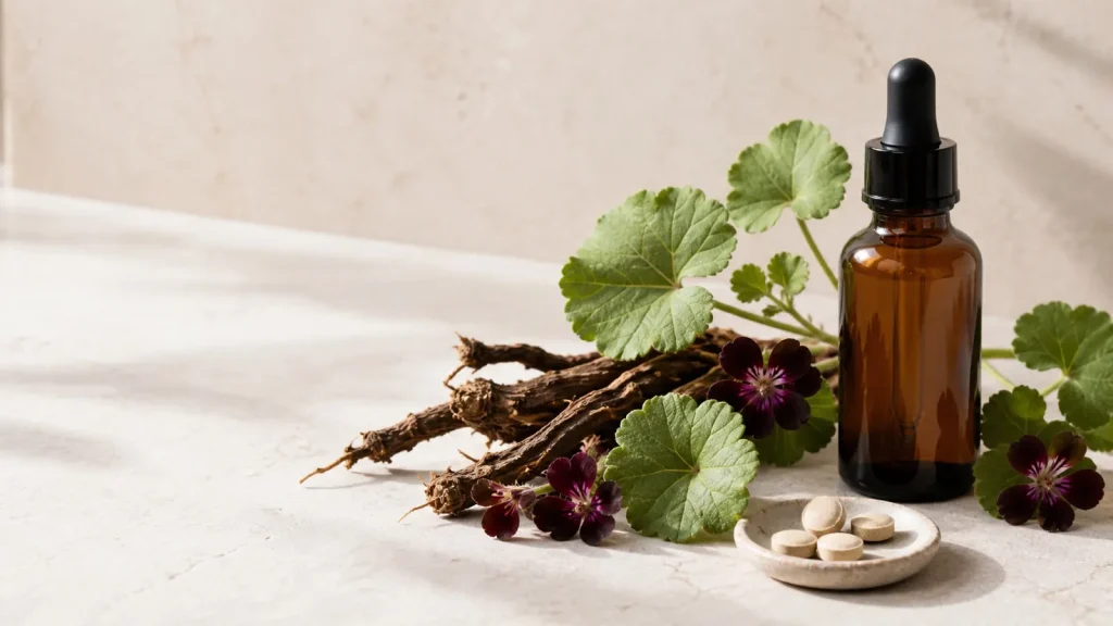 Korzeń i zielone liście Pelargonium sidoides obok neutralnego płynnego ekstraktu i tabletek na jasnym tle bez napisów