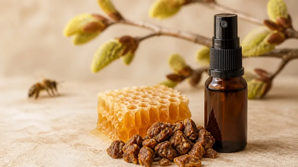 Propolis, plaster miodu i ciemna butelka bez oznaczeń na naturalnym tle