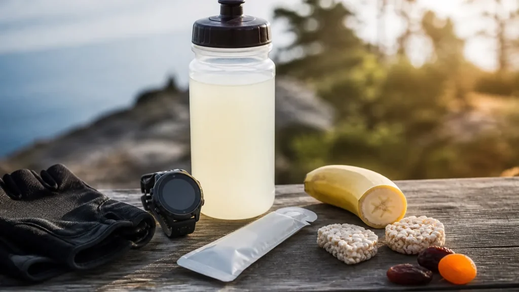 Żel węglowodanowy, napój sportowy i łatwe do zjedzenia produkty obok akcesoriów treningowych