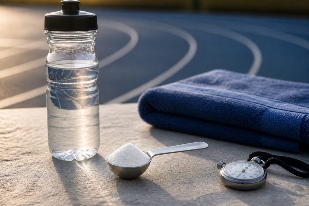 Odmierzona porcja wodorowęglanu sodu obok bidonu i akcesoriów sportowych