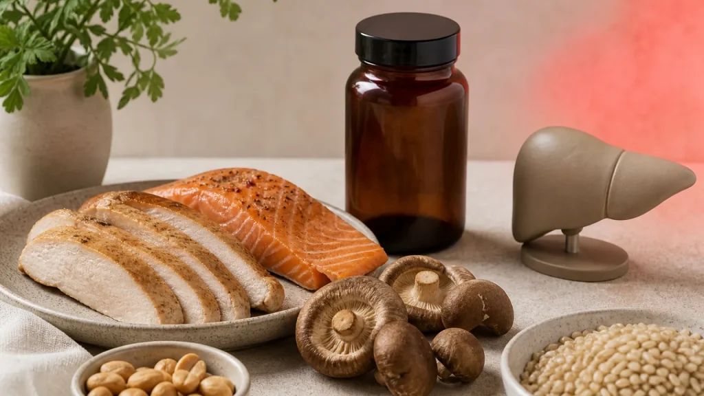 Produkty z witaminą B3 obok nieoznakowanego preparatu niacyny i neutralnego modelu wątroby
