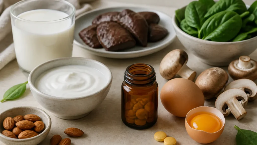 Produkty bogate w witaminę B2 obok nieoznakowanego preparatu ryboflawiny