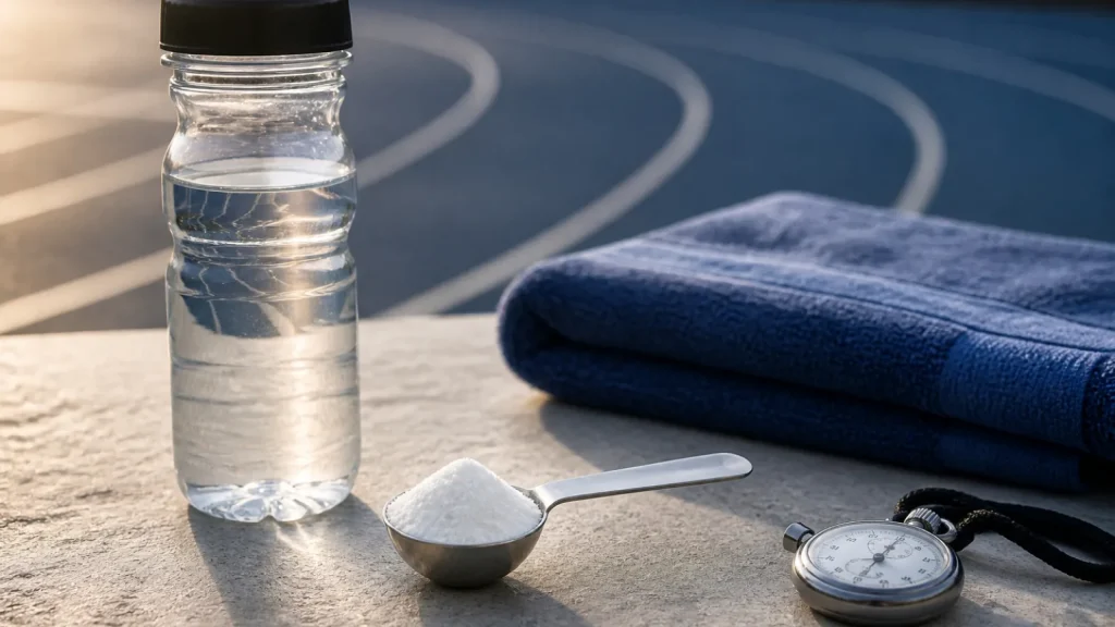 Odmierzona porcja wodorowęglanu sodu obok bidonu i akcesoriów sportowych